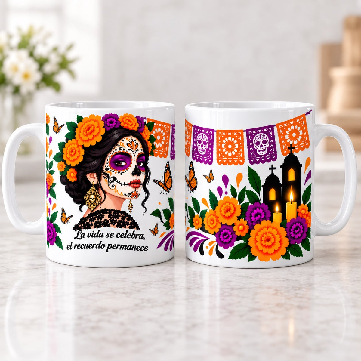 Taza Catrina Día de Muertos -La memoria florece